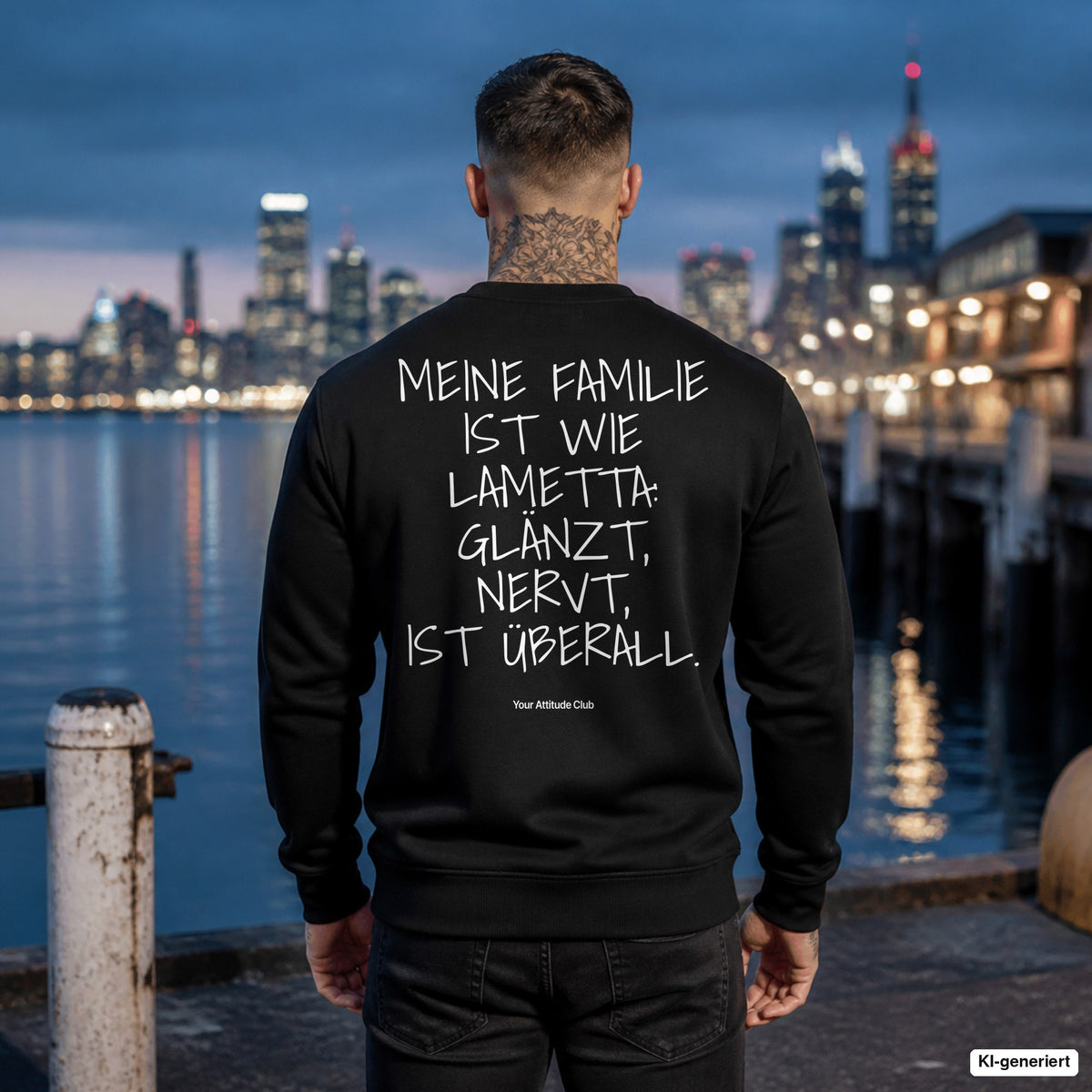Meine Familie ist wie Lametta: glänzt, nervt, ist überall – schwarzer Weihnachtspullover mit weißem Backprint, Herren am Hafen