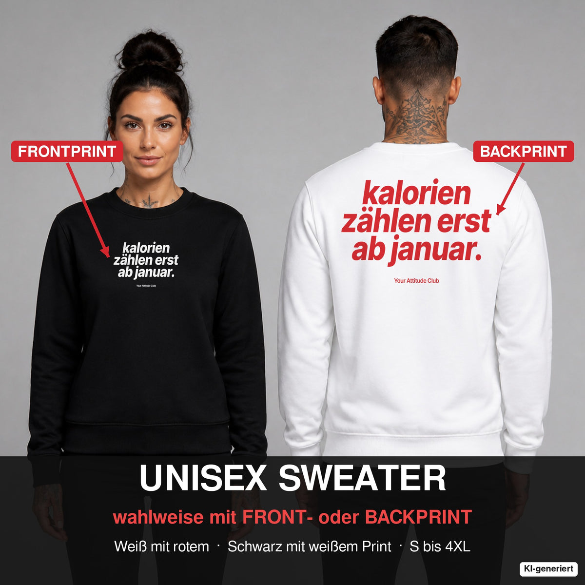 Kalorien zählen erst ab Januar – Weihnachtspullover wahlweise mit Frontprint oder Backprint – Frau vorne in Schwarz, Mann hinten in Weiß