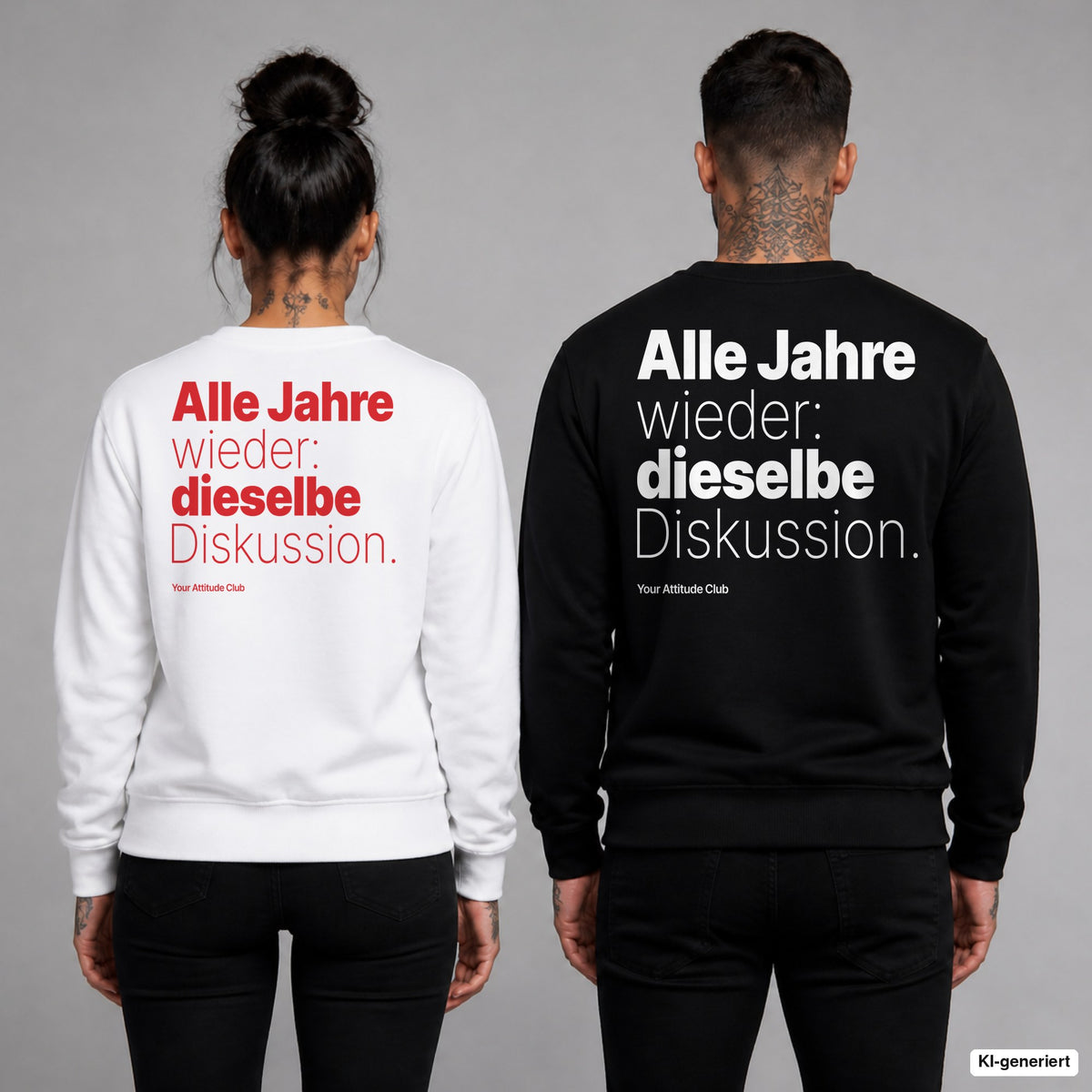 Alle Jahre wieder: dieselbe Diskussion – Weihnachtspullover mit Backprint, Frau in Weiß mit rotem und Mann in Schwarz mit weißem Aufdruck
