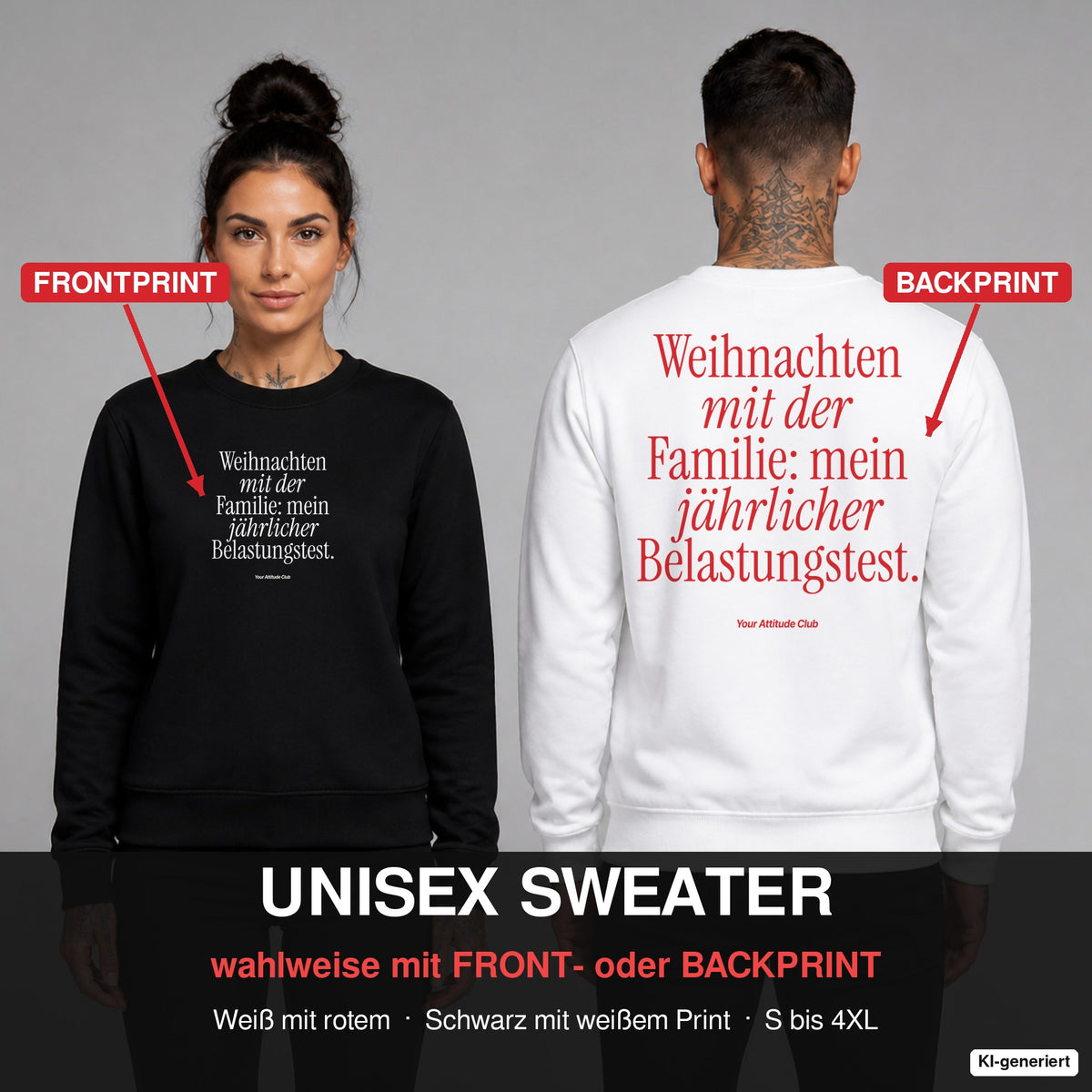 Weihnachten mit der Familie: mein jährlicher Belastungstest – Weihnachtspullover wahlweise mit Frontprint oder Backprint – Frau vorne in Schwarz, Mann hinten in Weiß