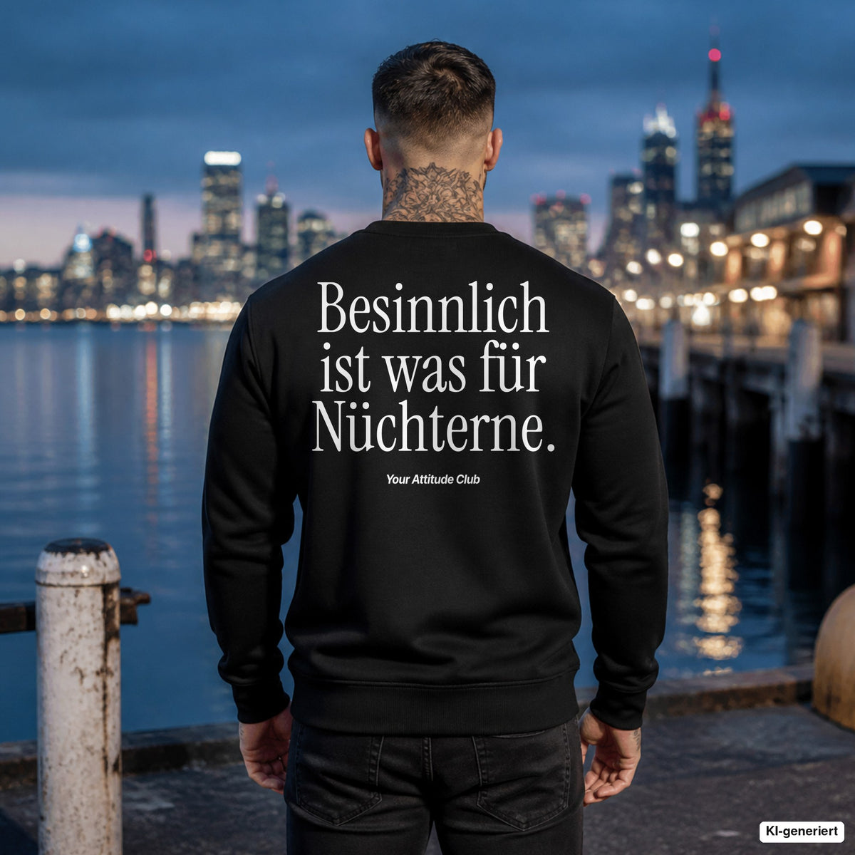 Besinnlich ist was für Nüchterne – schwarzer Weihnachtspullover mit weißem Backprint, Herren am Hafen