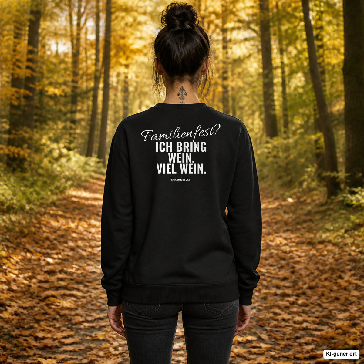 Familienfest? Ich bring Wein. Viel Wein – schwarzer Weihnachtspullover mit weißem Backprint, Damen beim Herbstspaziergang