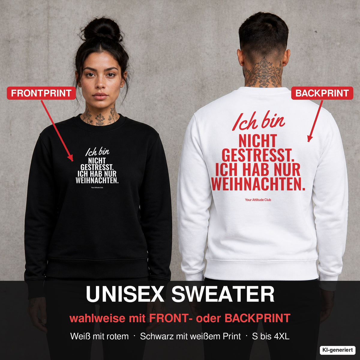 Ich bin nicht gestresst. Ich hab nur Weihnachten – Weihnachtspullover wahlweise mit Front- oder Backprint, Paar vor Betonwand