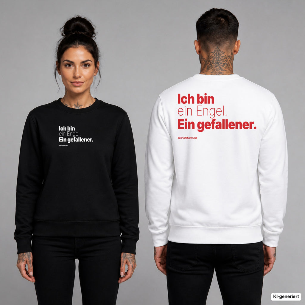 Ich bin ein Engel. Ein gefallener – Weihnachtspullover unisex mit Frontprint (Frau, Schwarz) und Backprint (Mann, Weiß)
