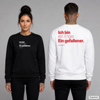 Ich bin ein Engel. Ein gefallener – Weihnachtspullover unisex mit Frontprint (Frau, Schwarz) und Backprint (Mann, Weiß)
