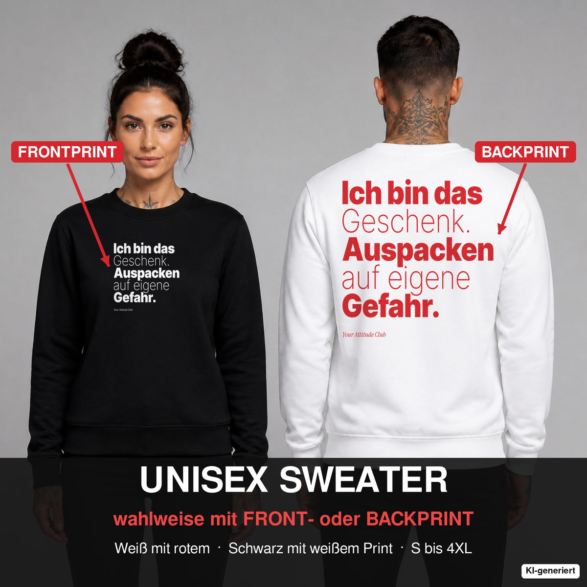 Ich bin das Geschenk. Auspacken auf eigene Gefahr – Weihnachtspullover wahlweise mit Frontprint oder Backprint – Frau vorne in Schwarz, Mann hinten in Weiß