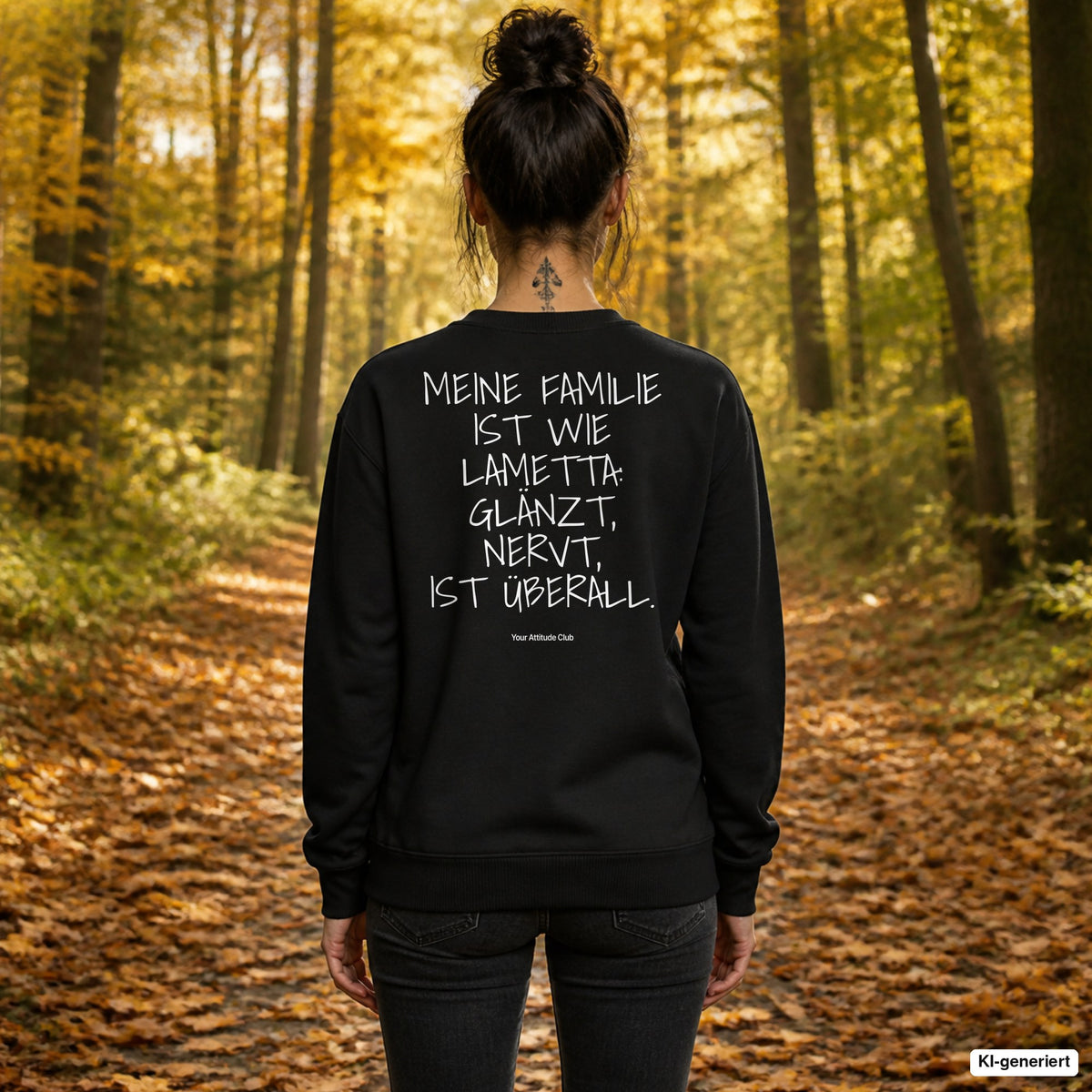 Meine Familie ist wie Lametta: glänzt, nervt, ist überall – schwarzer Weihnachtspullover mit weißem Backprint, Damen beim Herbstspaziergang