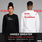 Ich bin ein Engel. Ein gefallener – Weihnachtspullover wahlweise mit Frontprint oder Backprint – Frau vorne in Schwarz, Mann hinten in Weiß