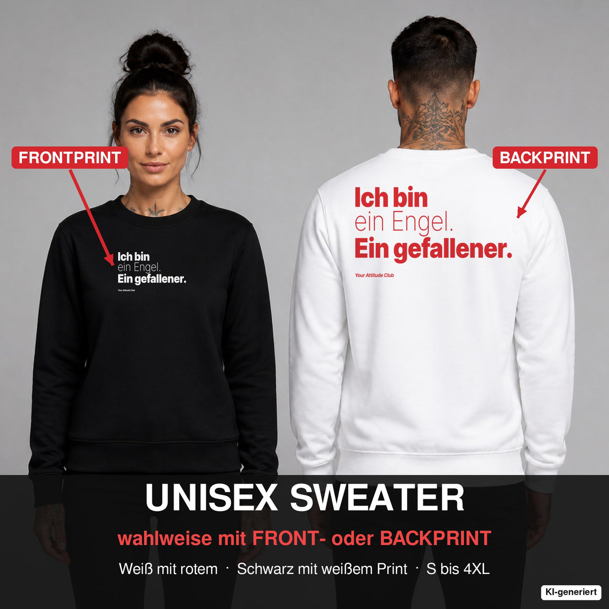 Ich bin ein Engel. Ein gefallener – Weihnachtspullover wahlweise mit Frontprint oder Backprint – Frau vorne in Schwarz, Mann hinten in Weiß