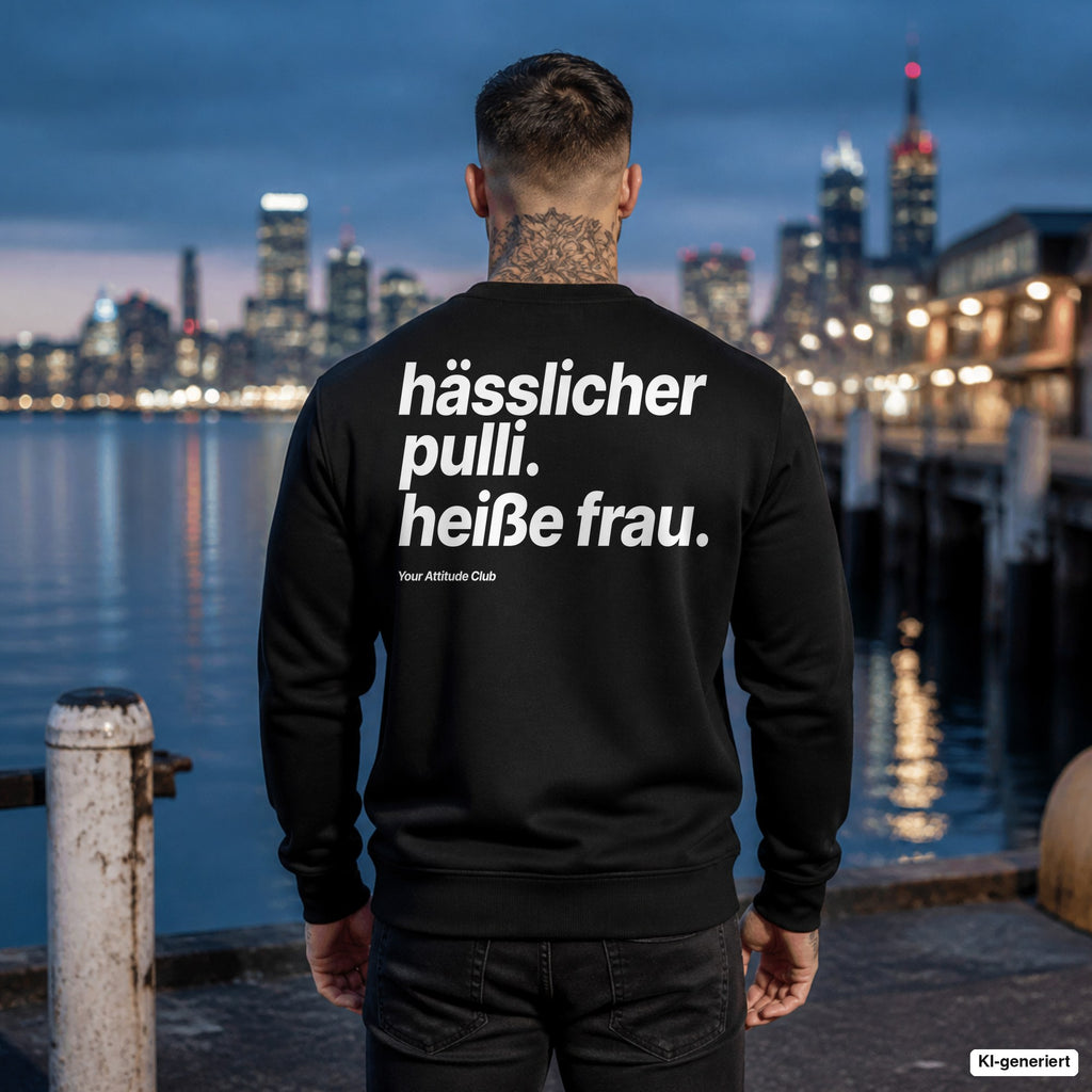 Hässlicher Pulli. Heiße Frau – schwarzer Weihnachtspullover mit weißem Backprint, Herren am Hafen