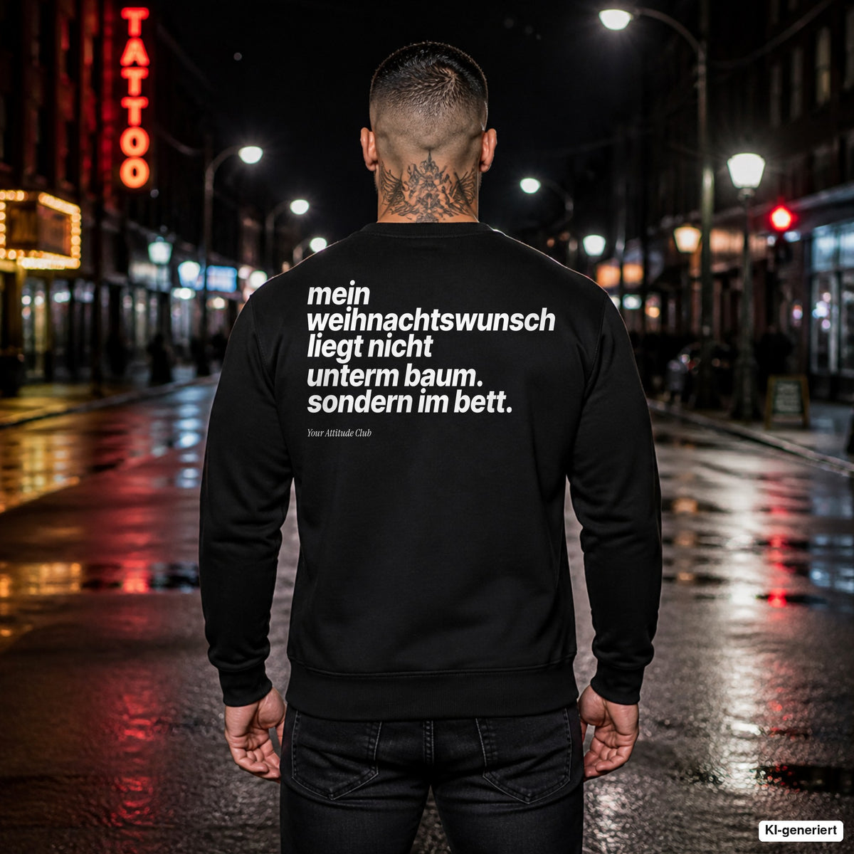Mein Weihnachtswunsch liegt nicht unterm Baum. Sondern im Bett – schwarzer Weihnachtspullover mit weißem Backprint, Herren in der Stadt bei Nacht