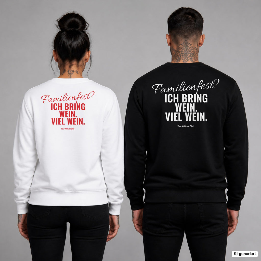 Familienfest? Ich bring Wein. Viel Wein – Weihnachtspullover mit Backprint, Frau in Weiß mit rotem und Mann in Schwarz mit weißem Aufdruck