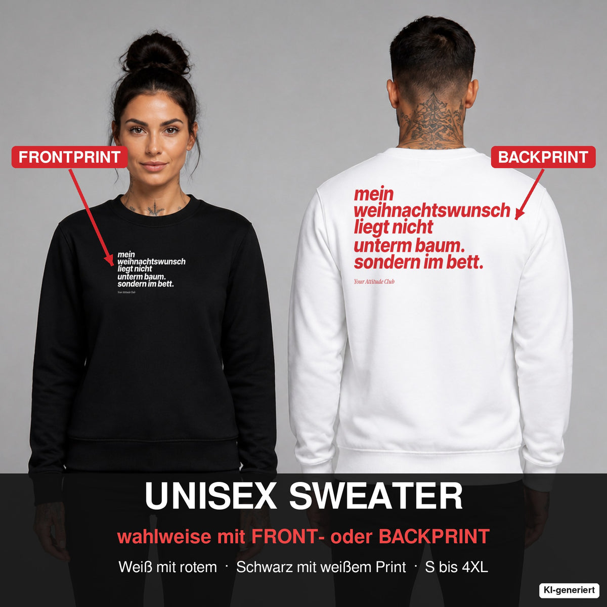 Mein Weihnachtswunsch liegt nicht unterm Baum. Sondern im Bett – Weihnachtspullover wahlweise mit Frontprint oder Backprint – Frau vorne in Schwarz, Mann hinten in Weiß