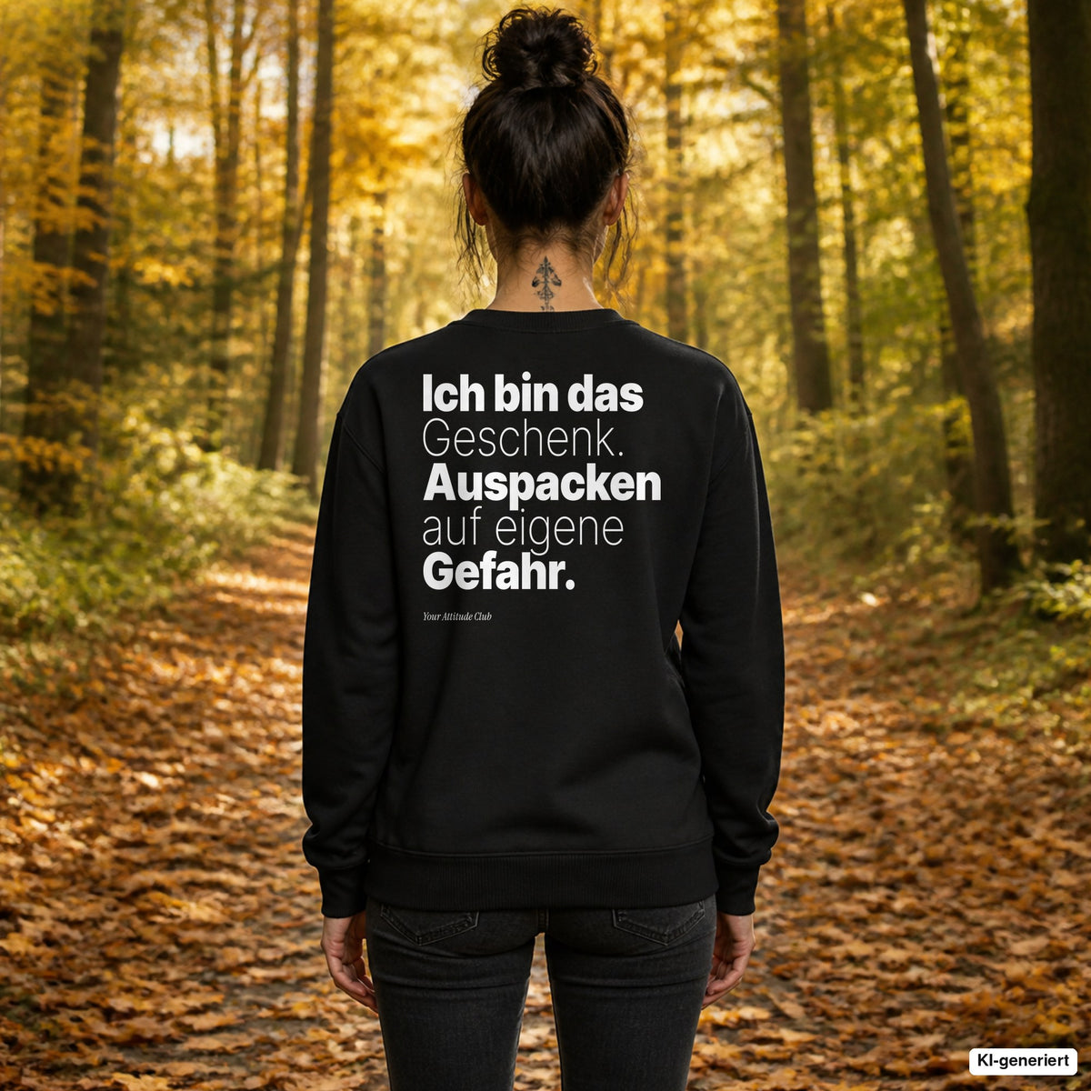 Ich bin das Geschenk. Auspacken auf eigene Gefahr – schwarzer Weihnachtspullover mit weißem Backprint, Damen beim Herbstspaziergang