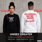 Ich wünsch mir nix. Außer Bargeld – Weihnachtspullover wahlweise mit Front- oder Backprint, Paar vor Betonwand