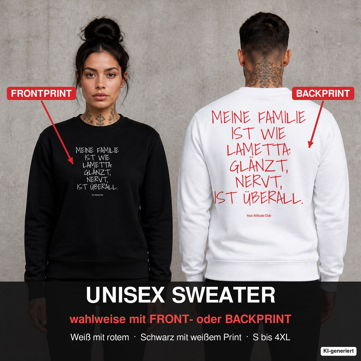 Meine Familie ist wie Lametta: glänzt, nervt, ist überall – Weihnachtspullover wahlweise mit Front- oder Backprint, Paar vor Betonwand