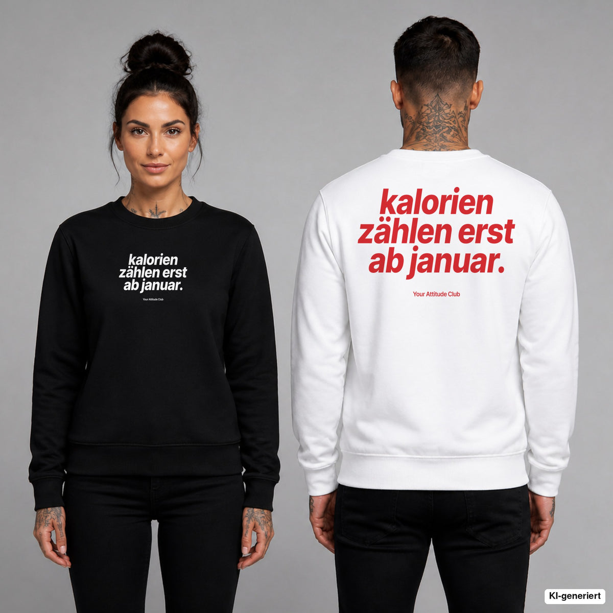 Kalorien zählen erst ab Januar – Weihnachtspullover unisex mit Frontprint (Frau, Schwarz) und Backprint (Mann, Weiß)