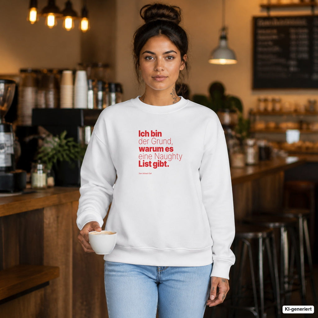 Ich bin der Grund, warum es eine Naughty List gibt – weißer Weihnachtspullover mit rotem Frontprint, Damen im Café