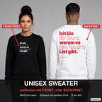 Ich bin der Grund, warum es eine Naughty List gibt – Weihnachtspullover wahlweise mit Frontprint oder Backprint – Frau vorne in Schwarz, Mann hinten in Weiß
