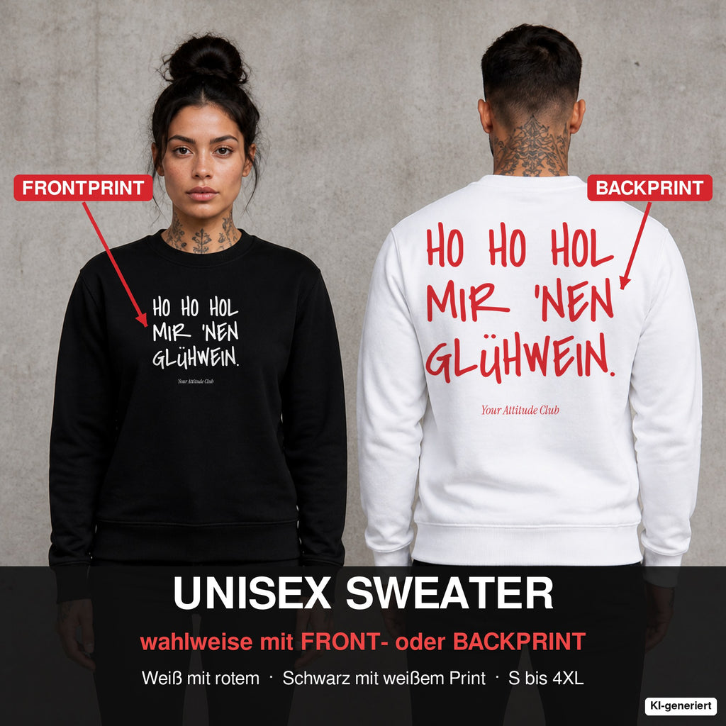 Ho Ho Hol mir ’nen Glühwein – Weihnachtspullover wahlweise mit Front- oder Backprint, Paar vor Betonwand