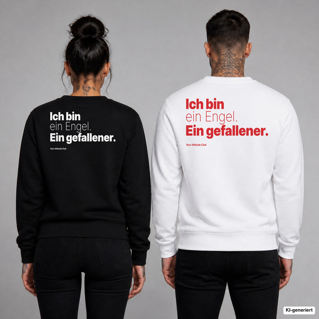 Ich bin ein Engel. Ein gefallener – Weihnachtspullover mit Backprint, Frau in Schwarz und Mann in Weiß