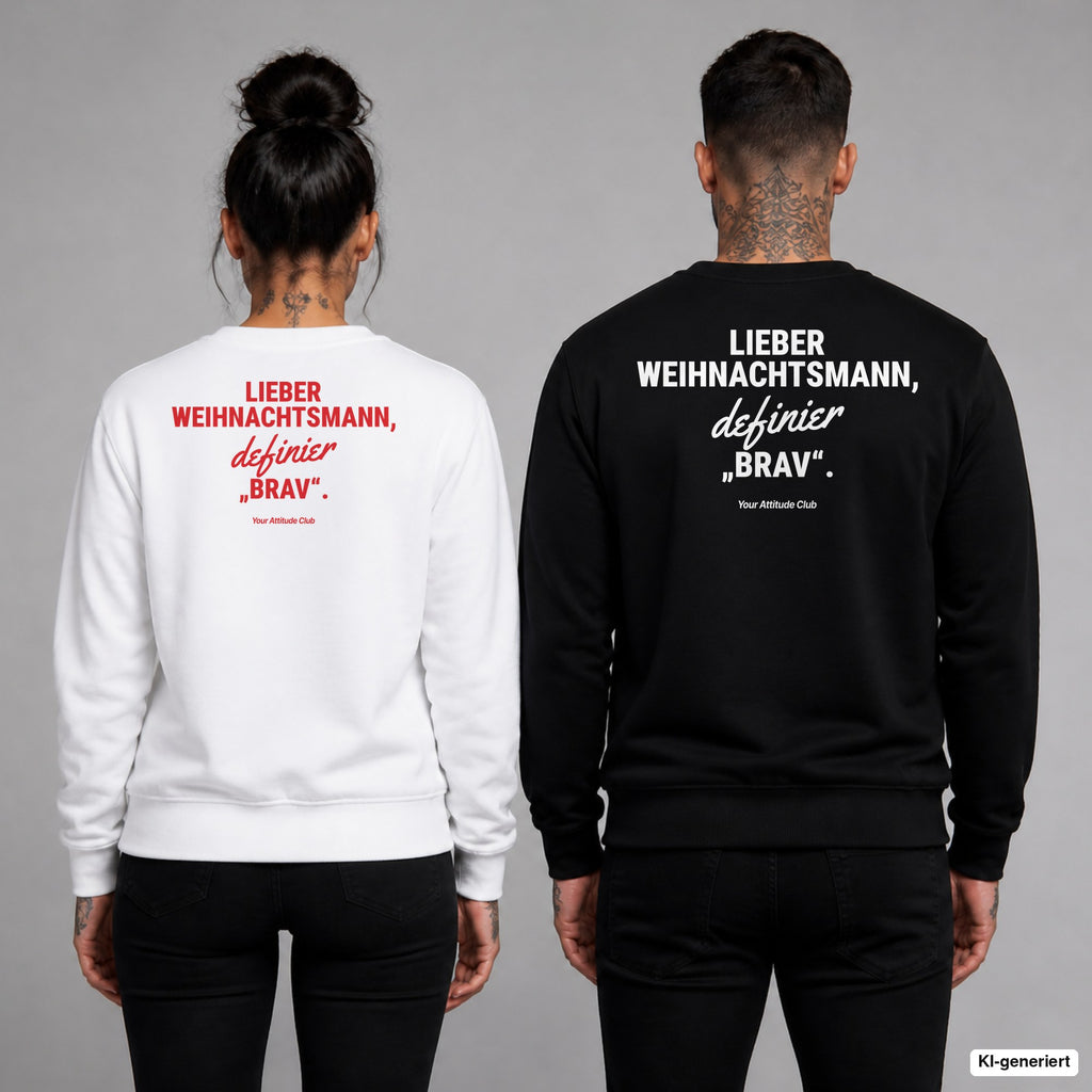 Lieber Weihnachtsmann, definier „brav“ – Weihnachtspullover mit Backprint, Frau in Weiß mit rotem und Mann in Schwarz mit weißem Aufdruck