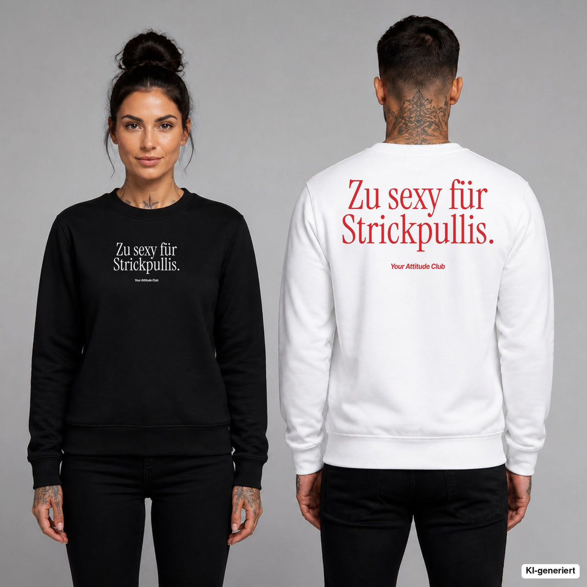 Zu sexy für Strickpullis – Weihnachtspullover unisex mit Frontprint (Frau, Schwarz) und Backprint (Mann, Weiß)