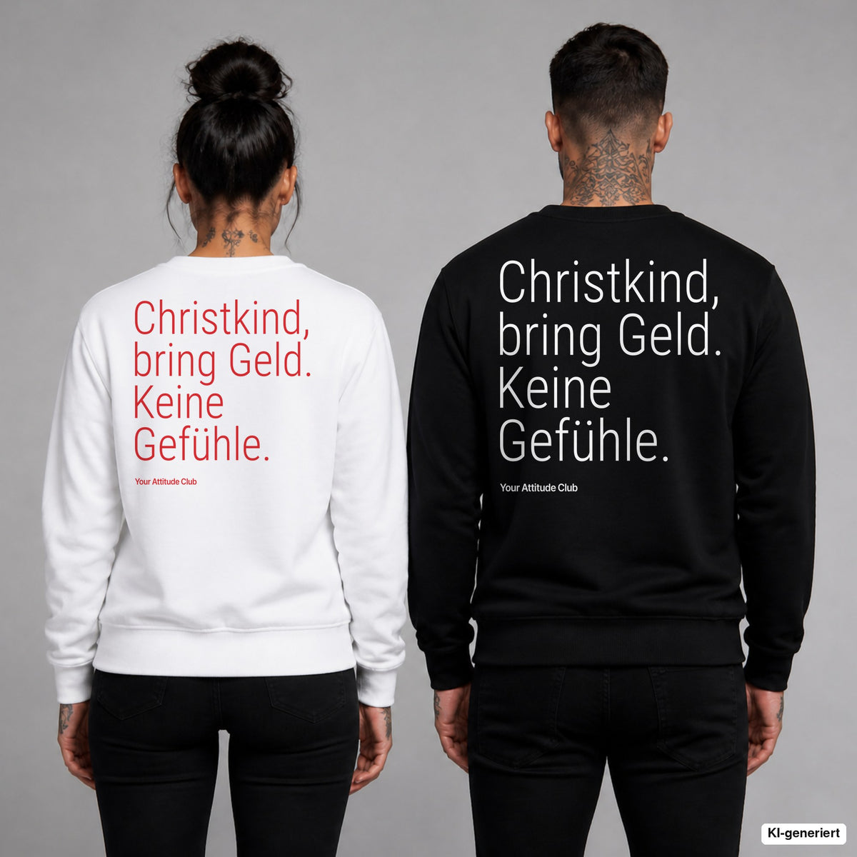 Christkind, bring Geld. Keine Gefühle – Weihnachtspullover mit Backprint, Frau in Weiß mit rotem und Mann in Schwarz mit weißem Aufdruck