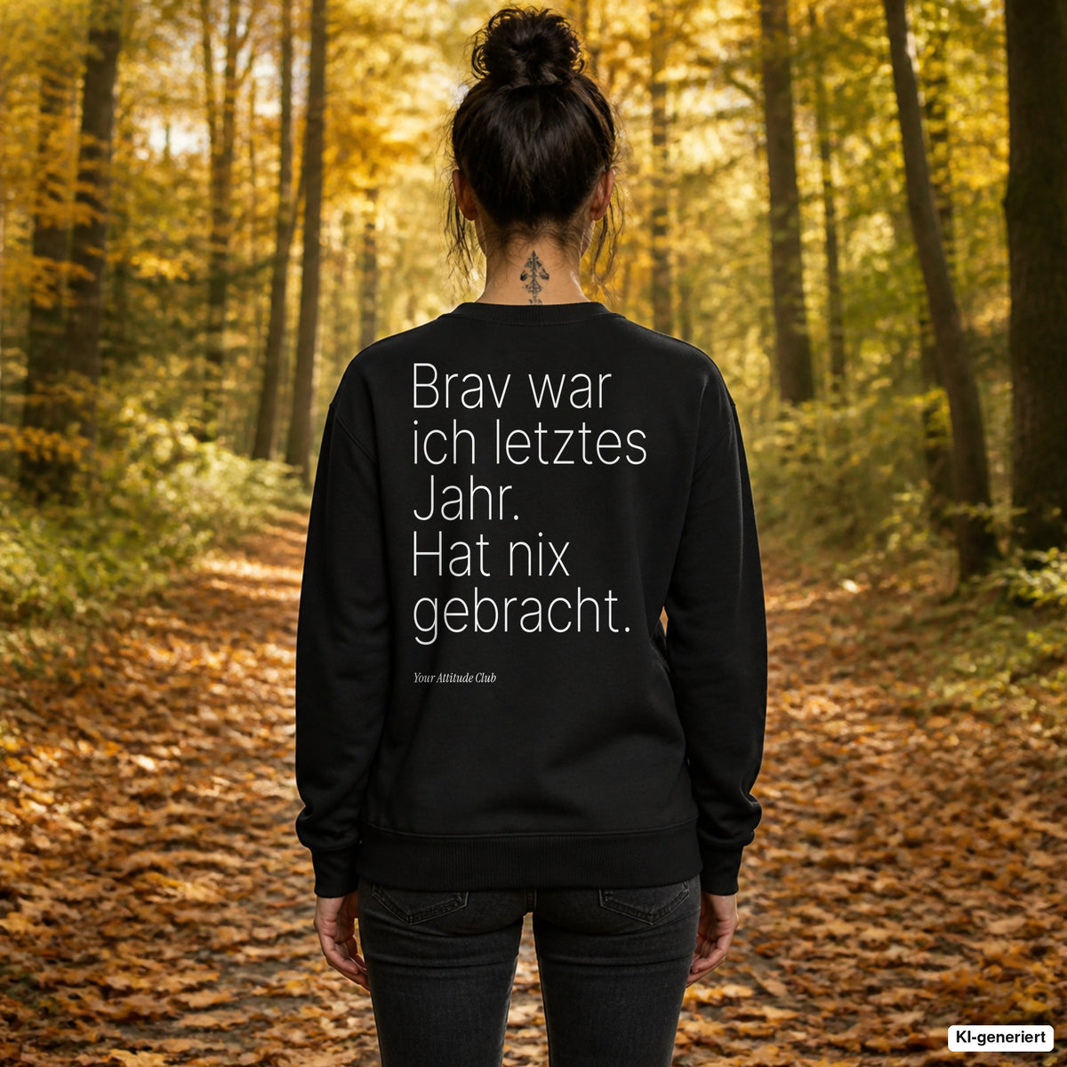 Brav war ich letztes Jahr. Hat nix gebracht – schwarzer Weihnachtspullover mit weißem Backprint, Damen beim Herbstspaziergang