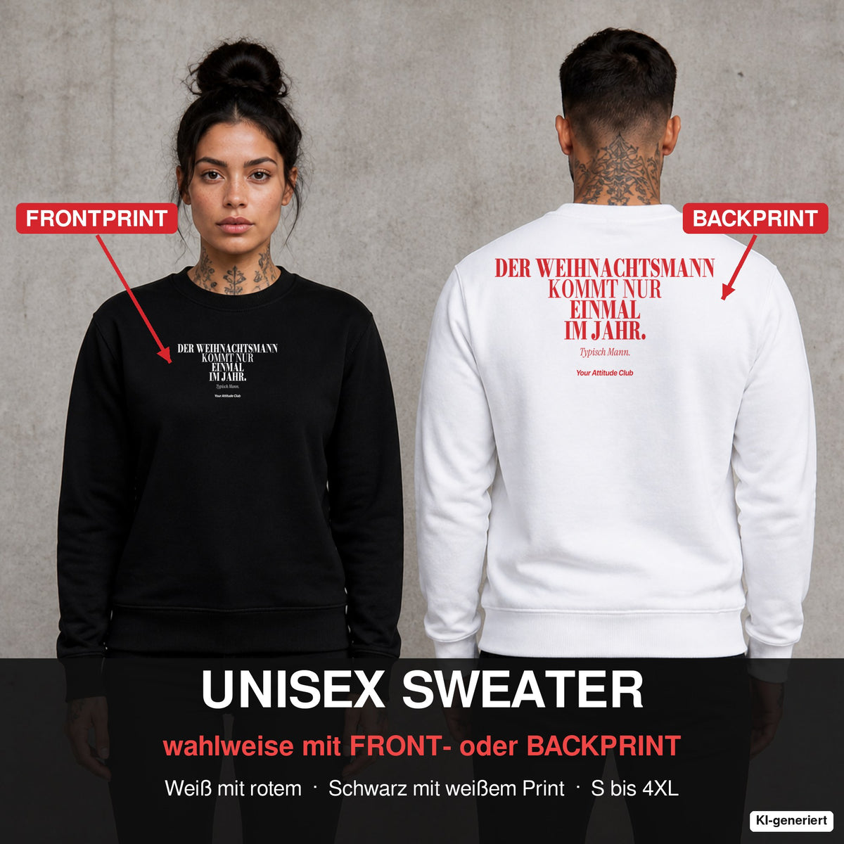 Der Weihnachtsmann kommt nur einmal im Jahr. Typisch Mann – Weihnachtspullover wahlweise mit Front- oder Backprint, Paar vor Betonwand