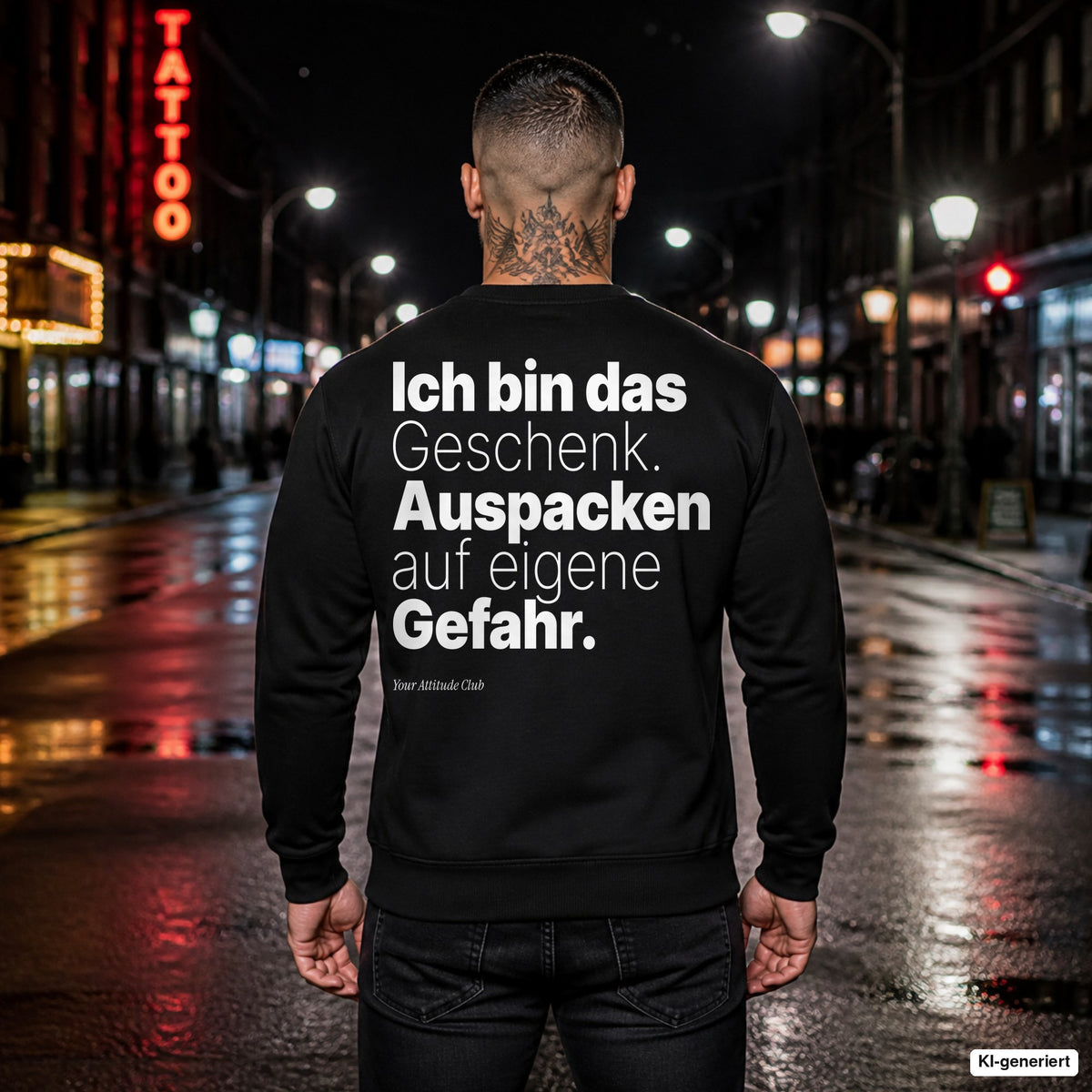 Ich bin das Geschenk. Auspacken auf eigene Gefahr – schwarzer Weihnachtspullover mit weißem Backprint, Herren in der Stadt bei Nacht