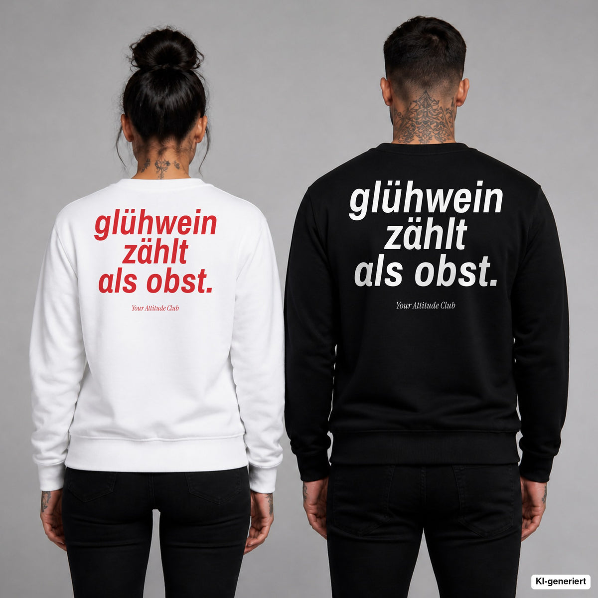 Glühwein zählt als Obst – Weihnachtspullover mit Backprint, Frau in Weiß mit rotem und Mann in Schwarz mit weißem Aufdruck
