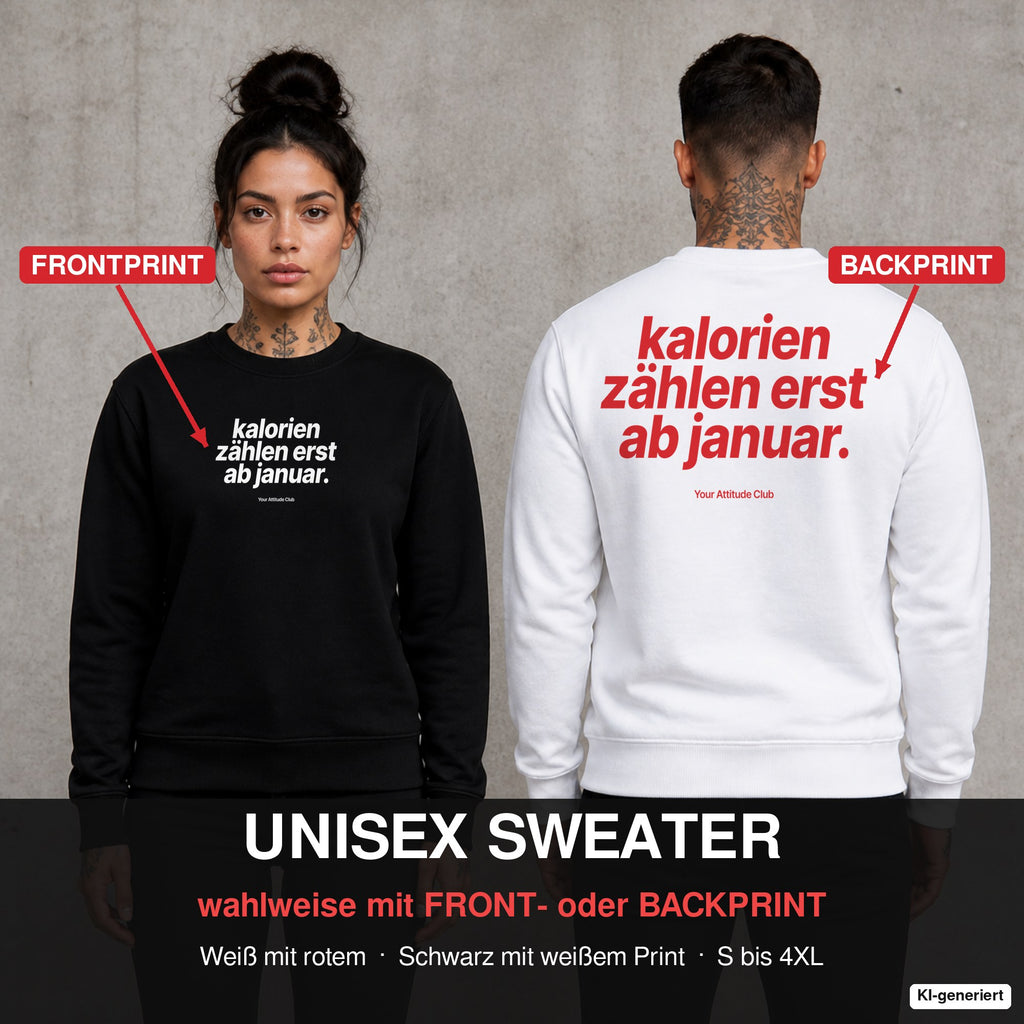Kalorien zählen erst ab Januar – Weihnachtspullover wahlweise mit Front- oder Backprint, Paar vor Betonwand