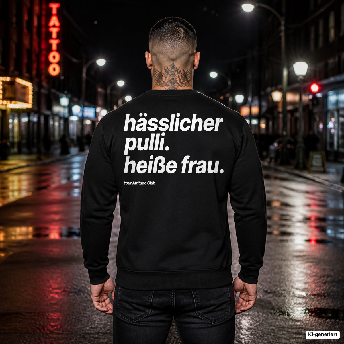 Hässlicher Pulli. Heiße Frau – schwarzer Weihnachtspullover mit weißem Backprint, Herren in der Stadt bei Nacht