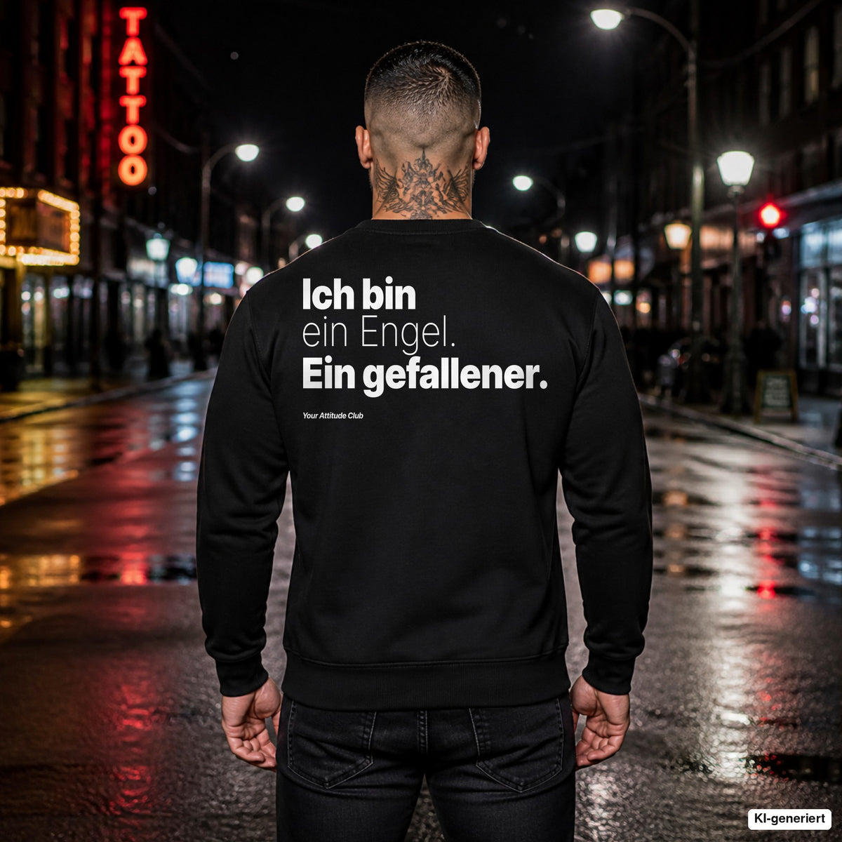 Ich bin ein Engel. Ein gefallener – schwarzer Weihnachtspullover mit weißem Backprint, Herren in der Stadt bei Nacht