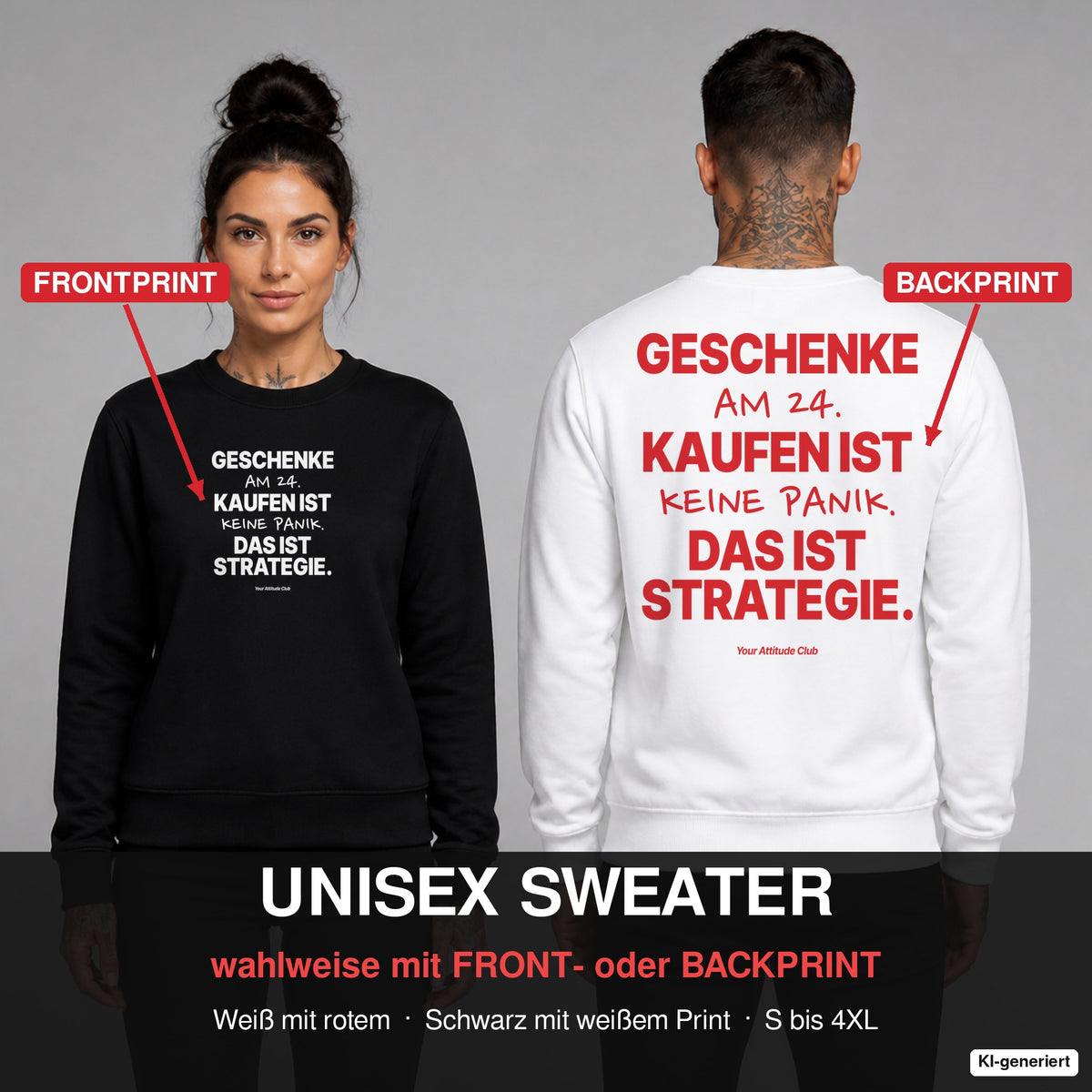Geschenke am 24. kaufen ist keine Panik. Das ist Strategie – Weihnachtspullover wahlweise mit Frontprint oder Backprint – Frau vorne in Schwarz, Mann hinten in Weiß