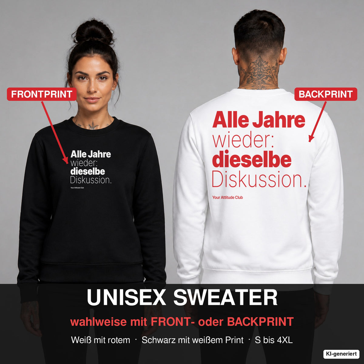 Alle Jahre wieder: dieselbe Diskussion – Weihnachtspullover wahlweise mit Frontprint oder Backprint – Frau vorne in Schwarz, Mann hinten in Weiß