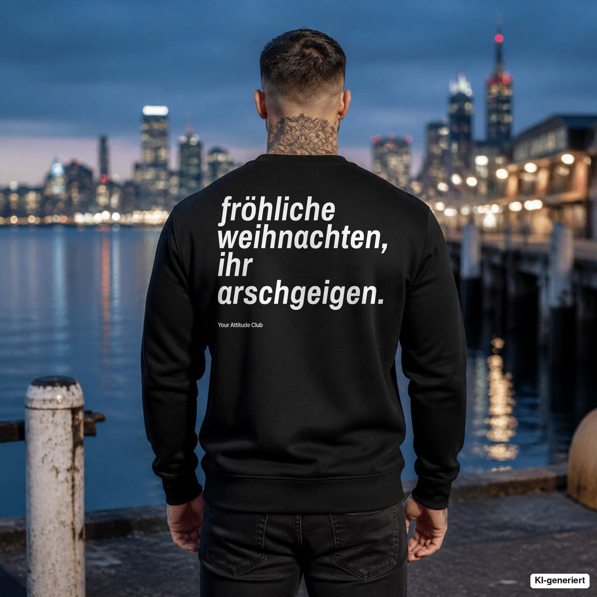 Fröhliche Weihnachten, ihr Arschgeigen – schwarzer Weihnachtspullover mit weißem Backprint, Herren am Hafen