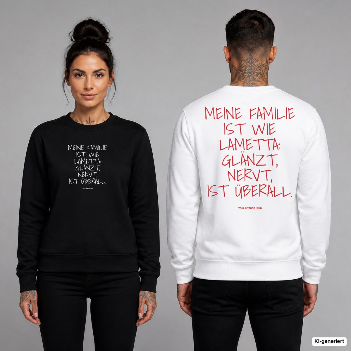 Meine Familie ist wie Lametta: glänzt, nervt, ist überall – Weihnachtspullover unisex mit Frontprint (Frau, Schwarz) und Backprint (Mann, Weiß)