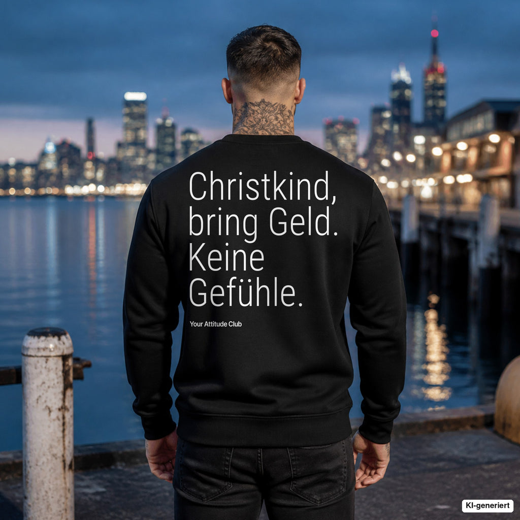 Christkind, bring Geld. Keine Gefühle – schwarzer Weihnachtspullover mit weißem Backprint, Herren am Hafen