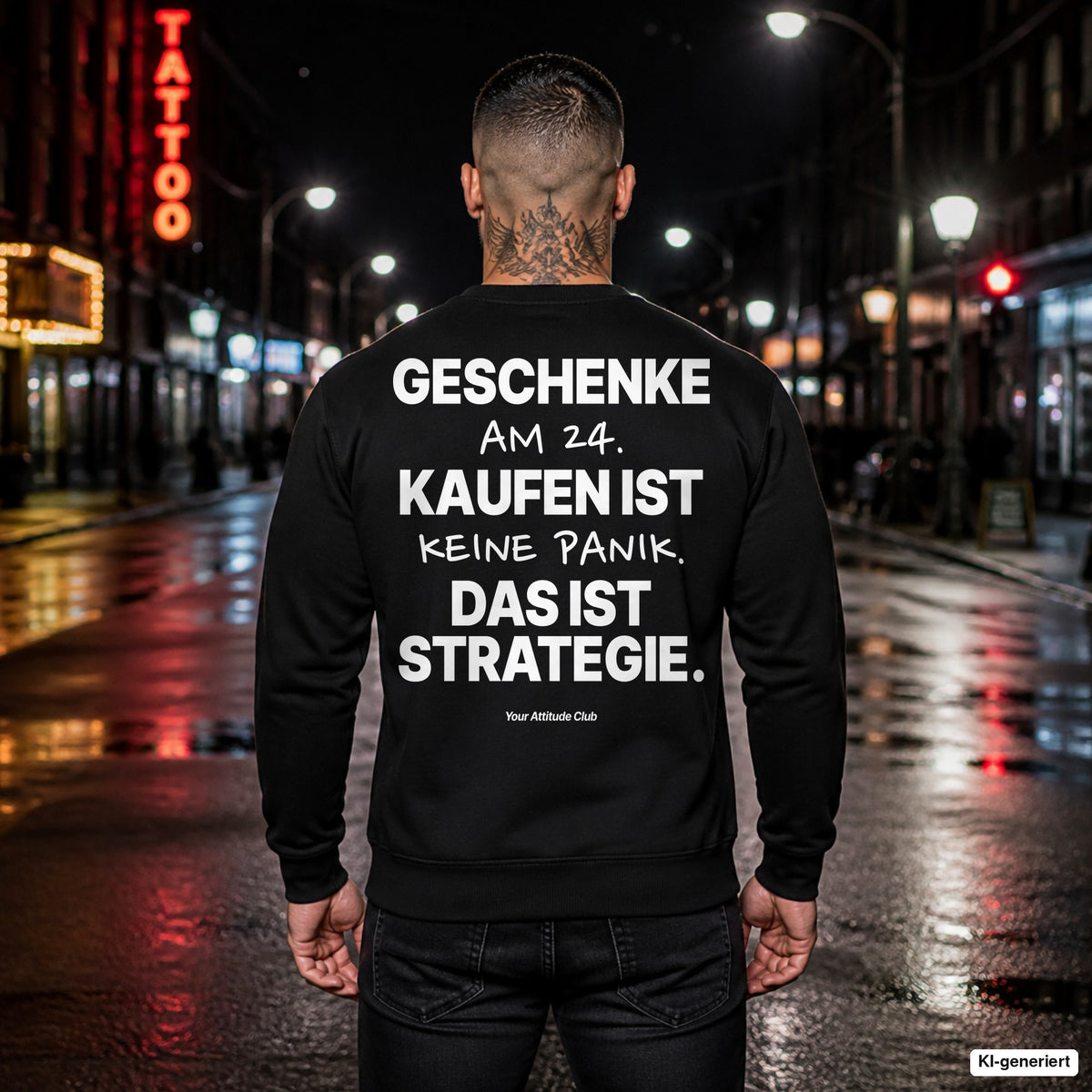 Geschenke am 24. kaufen ist keine Panik. Das ist Strategie – schwarzer Weihnachtspullover mit weißem Backprint, Herren in der Stadt bei Nacht