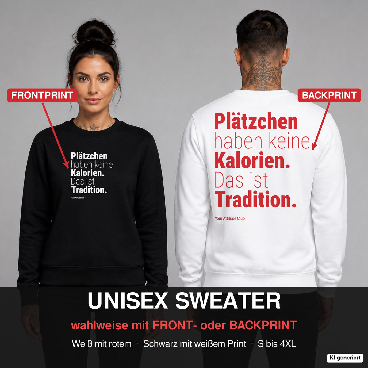 Plätzchen haben keine Kalorien. Das ist Tradition – Weihnachtspullover wahlweise mit Frontprint oder Backprint – Frau vorne in Schwarz, Mann hinten in Weiß