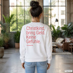 Christkind, bring Geld. Keine Gefühle – weißer Weihnachtspullover mit rotem Backprint, Damen im Loft