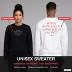Unterm Mistelzweig? Lieber gleich ins Bett – Weihnachtspullover wahlweise mit Frontprint oder Backprint – Frau vorne in Schwarz, Mann hinten in Weiß