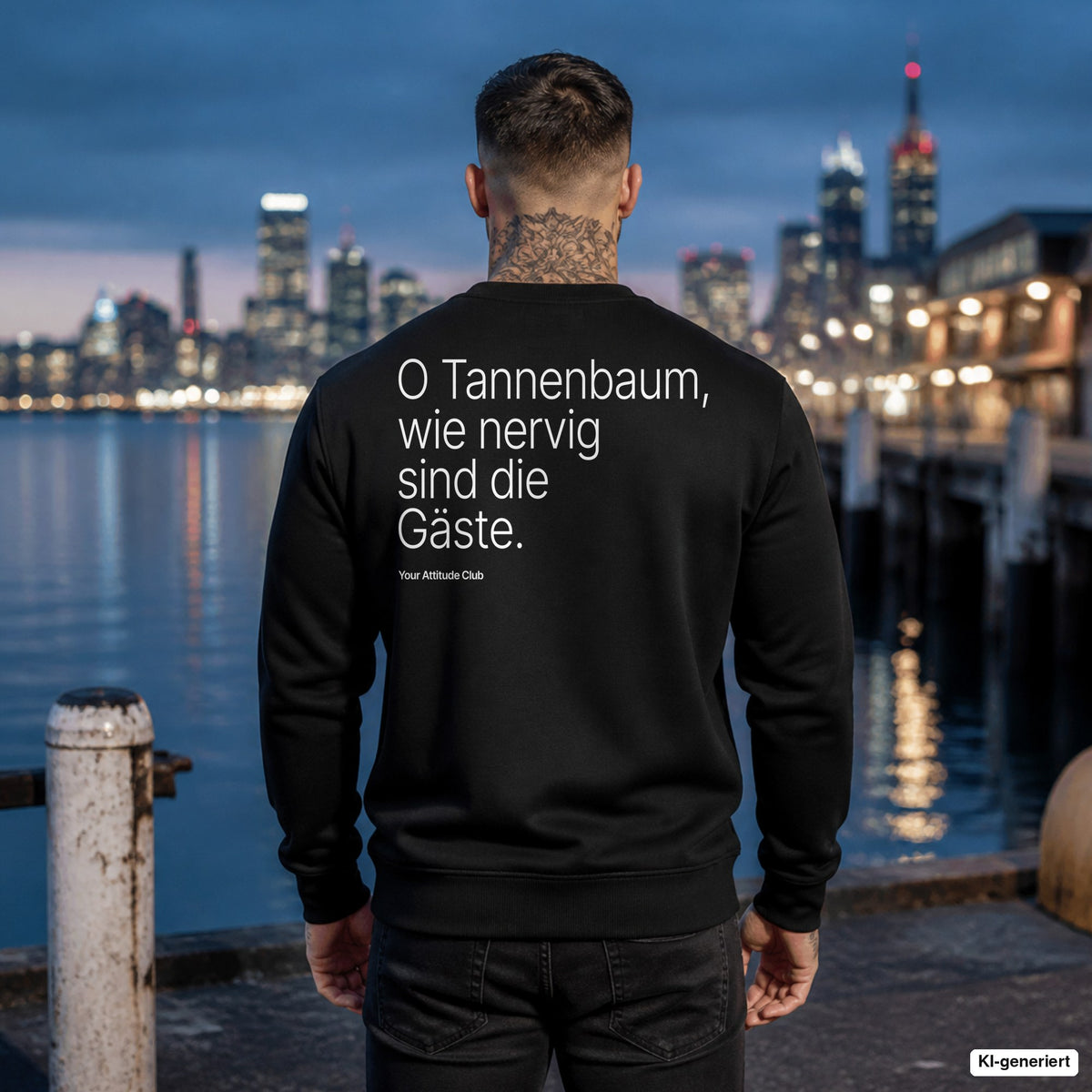 O Tannenbaum, wie nervig sind die Gäste – schwarzer Weihnachtspullover mit weißem Backprint, Herren am Hafen