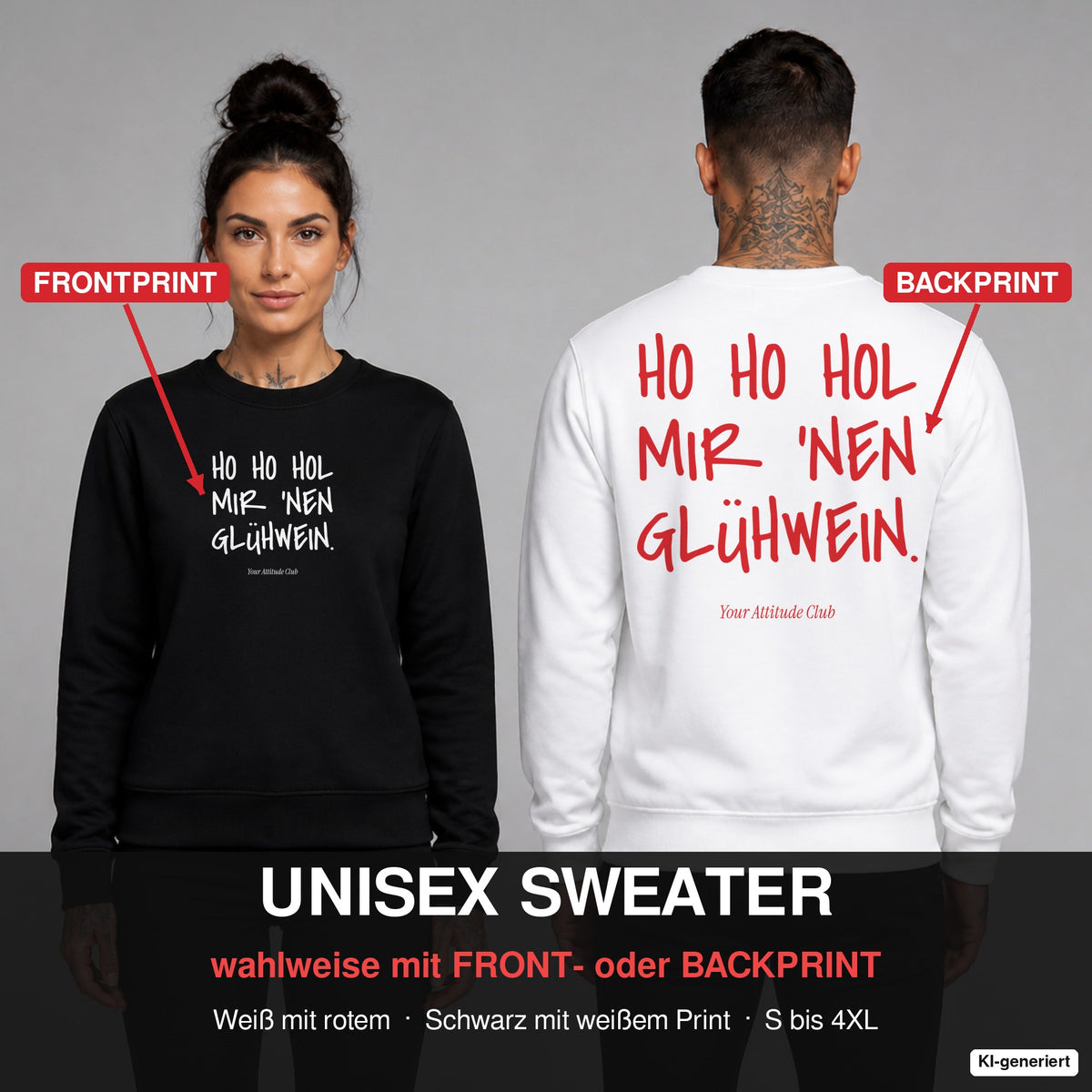 Ho Ho Hol mir ’nen Glühwein – Weihnachtspullover wahlweise mit Frontprint oder Backprint – Frau vorne in Schwarz, Mann hinten in Weiß