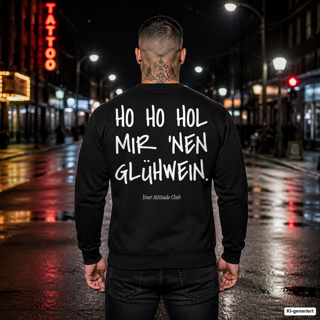 Ho Ho Hol mir ’nen Glühwein – schwarzer Weihnachtspullover mit weißem Backprint, Herren in der Stadt bei Nacht