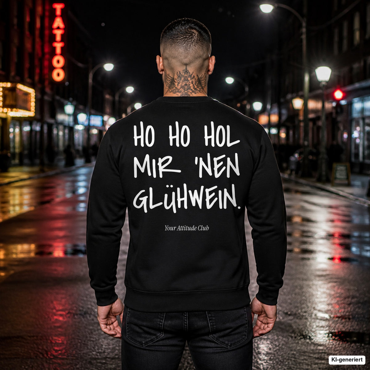 Ho Ho Hol mir ’nen Glühwein – schwarzer Weihnachtspullover mit weißem Backprint, Herren in der Stadt bei Nacht