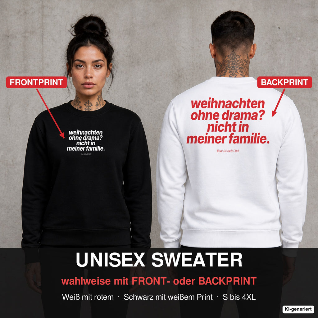 Weihnachten ohne Drama? Nicht in meiner Familie – Weihnachtspullover wahlweise mit Front- oder Backprint, Paar vor Betonwand