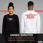 Mein Wunschzettel: Ruhe, Geld, Prosecco – Weihnachtspullover wahlweise mit Frontprint oder Backprint – Frau vorne in Schwarz, Mann hinten in Weiß
